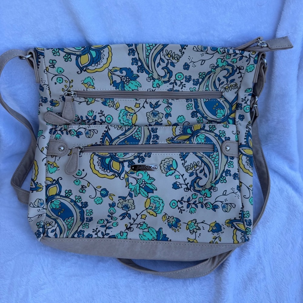 MultiSac Floral Paisley Crossbody Bag Cream Blue Teal Multi Pocket Messenger‎